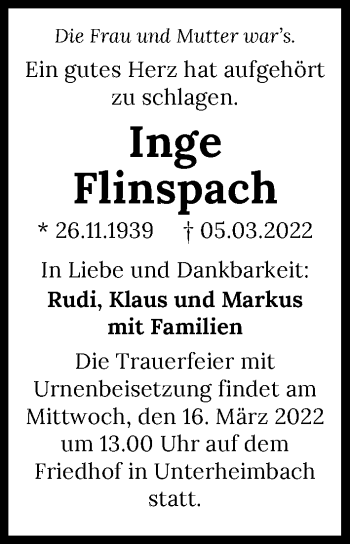 Traueranzeige von Inge Flinspach von GESAMT