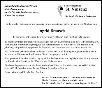 Traueranzeige von Ingrid Brausch von GESAMT