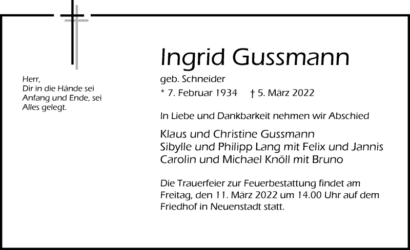  Traueranzeige für Ingrid Gussmann vom 09.03.2022 aus GESAMT