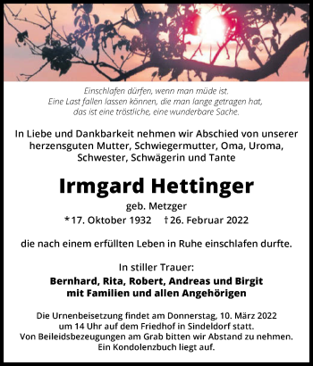 Traueranzeige von Irmgard Hettinger von GESAMT
