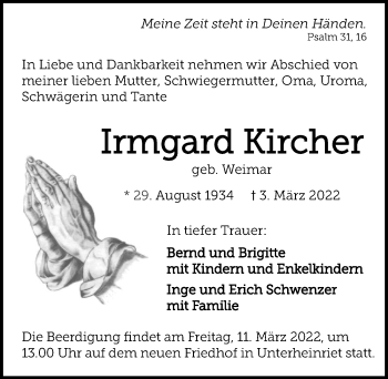 Traueranzeige von Irmgard Kircher von GESAMT