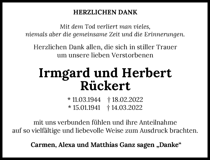  Traueranzeige für Irmgard Rückert vom 26.03.2022 aus GESAMT