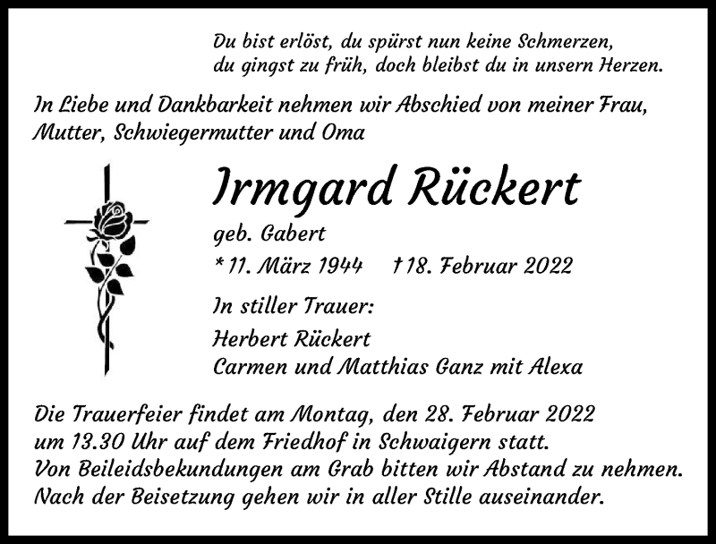  Traueranzeige für Irmgard Rückert vom 26.02.2022 aus GESAMT