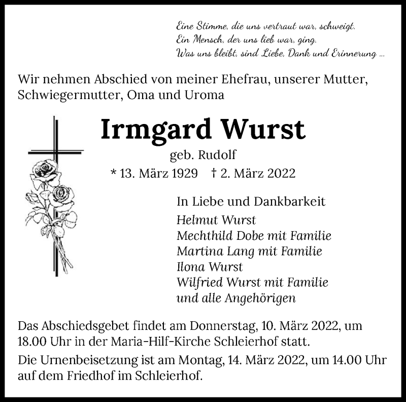  Traueranzeige für Irmgard Wurst vom 09.03.2022 aus GESAMT