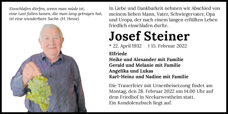  Traueranzeige für Josef Steiner vom 26.02.2022 aus GESAMT
