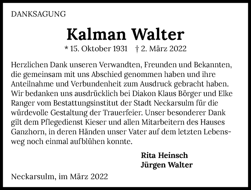  Traueranzeige für Kalman Walter vom 30.03.2022 aus GESAMT