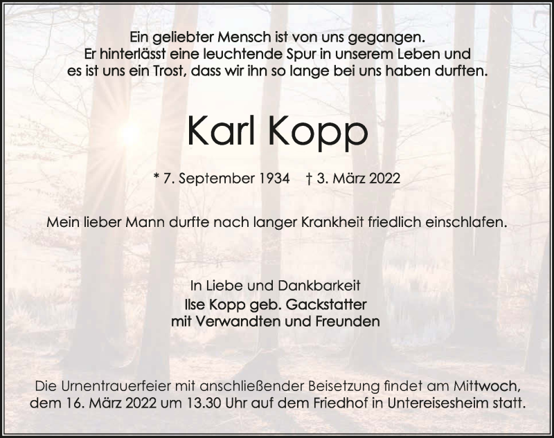  Traueranzeige für Karl Kopp vom 12.03.2022 aus GESAMT