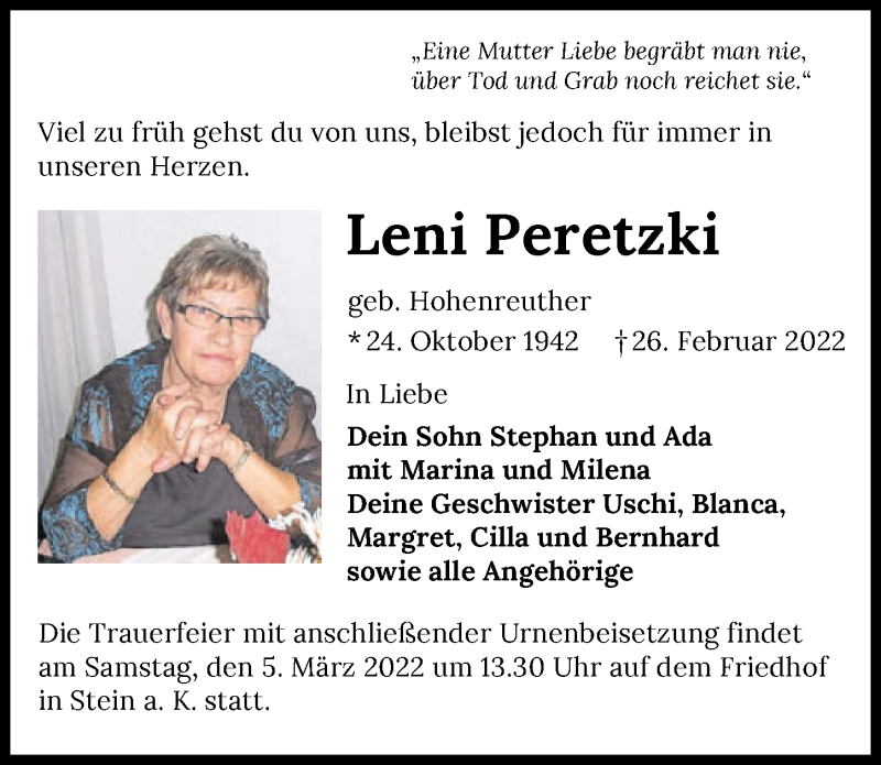  Traueranzeige für Leni Peretzki vom 03.03.2022 aus GESAMT