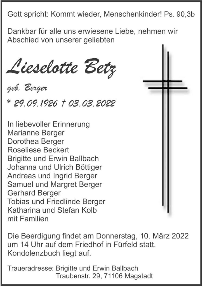  Traueranzeige für Lieselotte Betz vom 08.03.2022 aus GESAMT