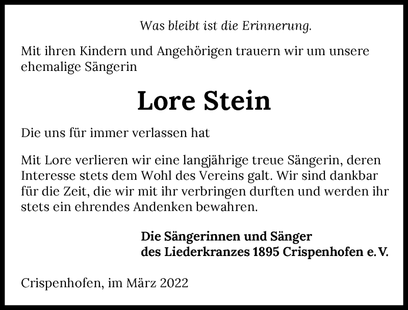  Traueranzeige für Lore Stein vom 18.03.2022 aus GESAMT
