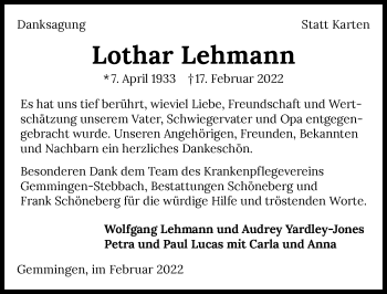 Traueranzeige von Lothar Lehmann