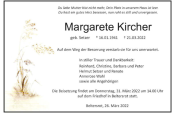 Traueranzeige von Margarete Kircher von GESAMT