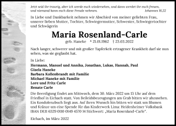 Traueranzeige von Maria Rosenland-Carle von GESAMT