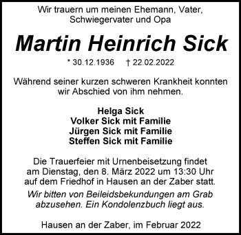 Traueranzeige von Martin Heinrich Sick von GESAMT