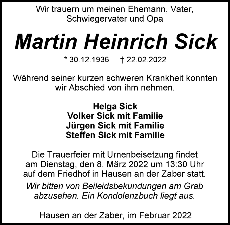  Traueranzeige für Martin Heinrich Sick vom 04.03.2022 aus GESAMT