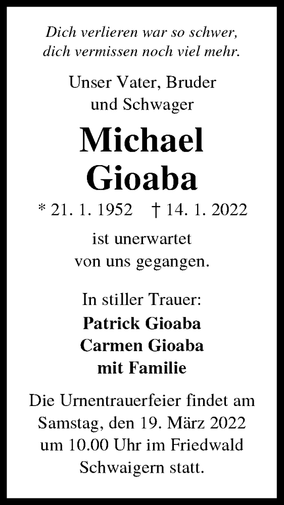  Traueranzeige für Michael Gioaba vom 12.03.2022 aus GESAMT