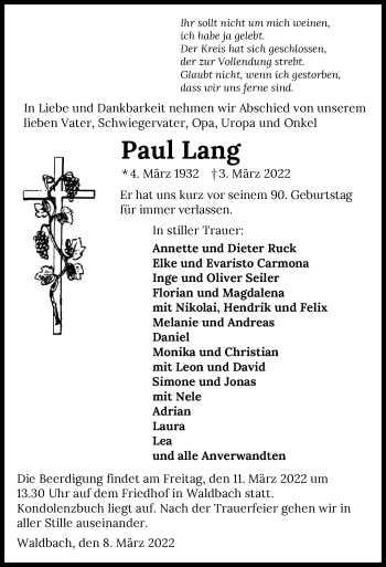 Traueranzeige von Paul Lang von GESAMT