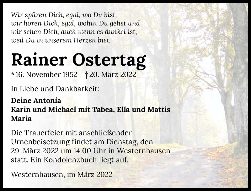  Traueranzeige für Rainer Ostertag vom 26.03.2022 aus GESAMT
