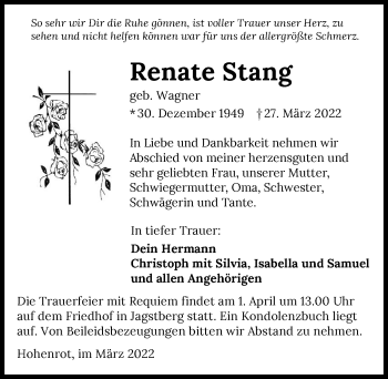 Traueranzeige von Renate Stang von GESAMT