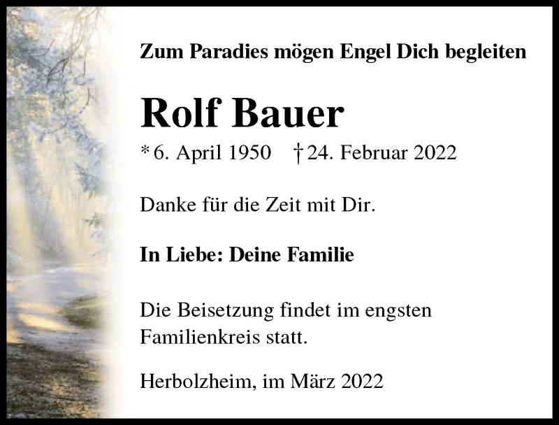  Traueranzeige für Rolf Bauer vom 09.03.2022 aus GESAMT