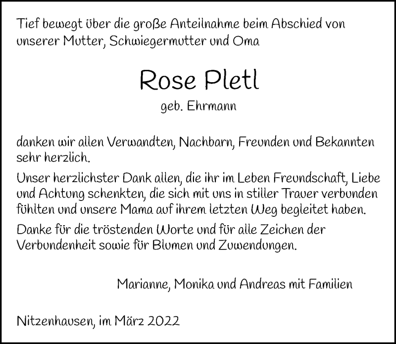  Traueranzeige für Rose Pletl vom 05.03.2022 aus GESAMT