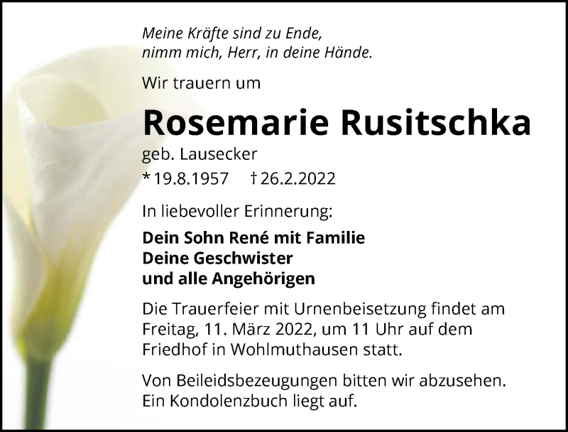  Traueranzeige für Rosemarie Rusitschka vom 05.03.2022 aus GESAMT