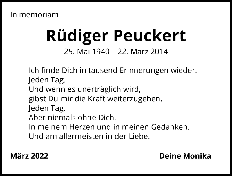  Traueranzeige für Rüdiger Peuckert vom 22.03.2022 aus GESAMT