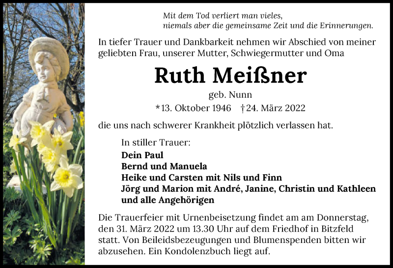  Traueranzeige für Ruth Meißner vom 29.03.2022 aus GESAMT