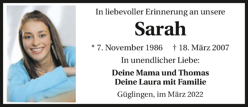  Traueranzeige für Sarah Wasiluk vom 18.03.2022 aus GESAMT