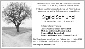 Traueranzeige von Sigrid Schlund von GESAMT