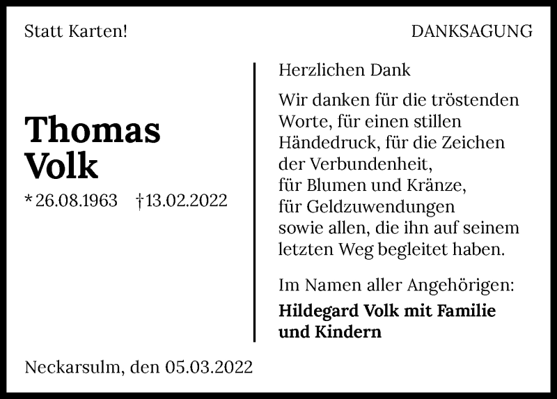  Traueranzeige für Thomas Volk vom 05.03.2022 aus GESAMT