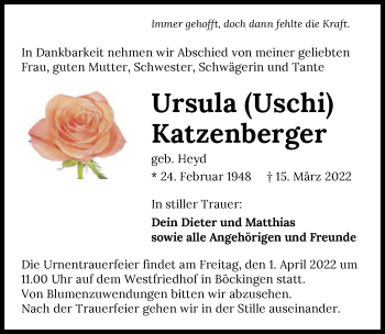 Traueranzeige von Ursula Katzenberger von GESAMT