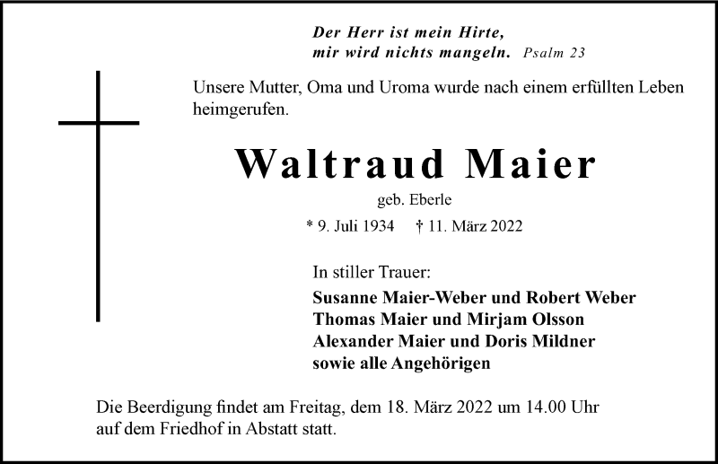 Traueranzeige für Waltraud Maier vom 12.03.2022 aus GESAMT