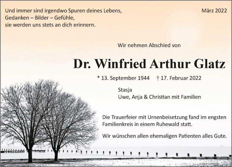  Traueranzeige für Winfried Arthur Glatz vom 12.03.2022 aus GESAMT
