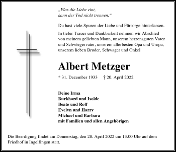 Traueranzeige von Albert Metzger von GESAMT