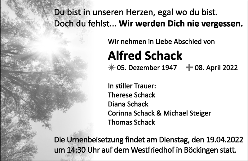  Traueranzeige für Alfred Schack vom 16.04.2022 aus GESAMT