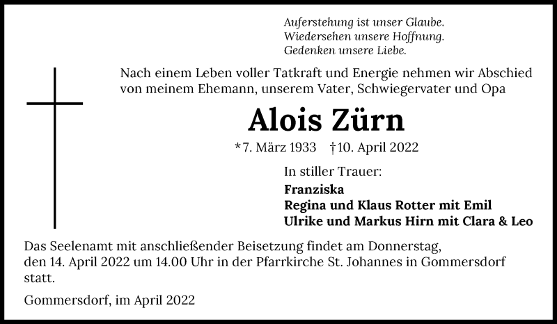  Traueranzeige für Alois Zürn vom 12.04.2022 aus GESAMT