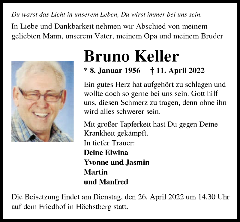  Traueranzeige für Bruno Keller vom 23.04.2022 aus GESAMT