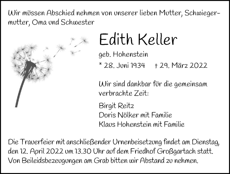  Traueranzeige für Edith Keller vom 09.04.2022 aus GESAMT