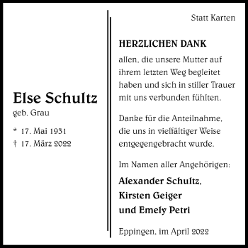 Traueranzeige von Else Schultz von GESAMT
