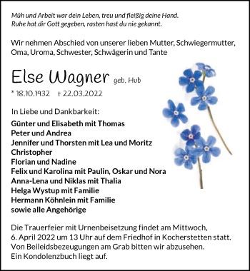 Traueranzeige von Else Wagner von GESAMT