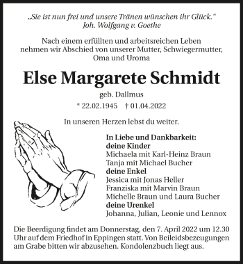 Traueranzeige von Else Margarete Schmidt von GESAMT
