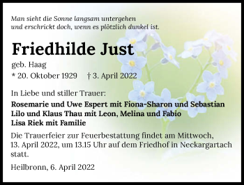 Traueranzeige von Friedhilde Just von GESAMT