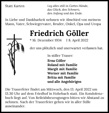 Traueranzeige von Friedrich Göller von GESAMT