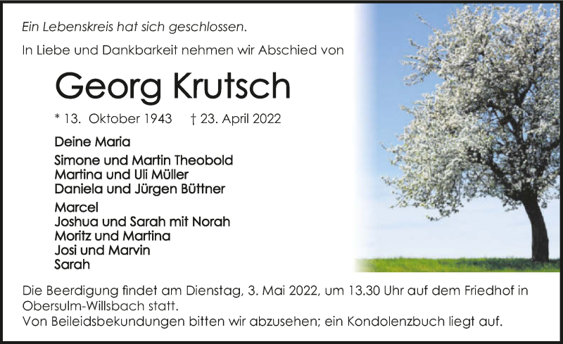  Traueranzeige für Georg Krutsch vom 27.04.2022 aus GESAMT