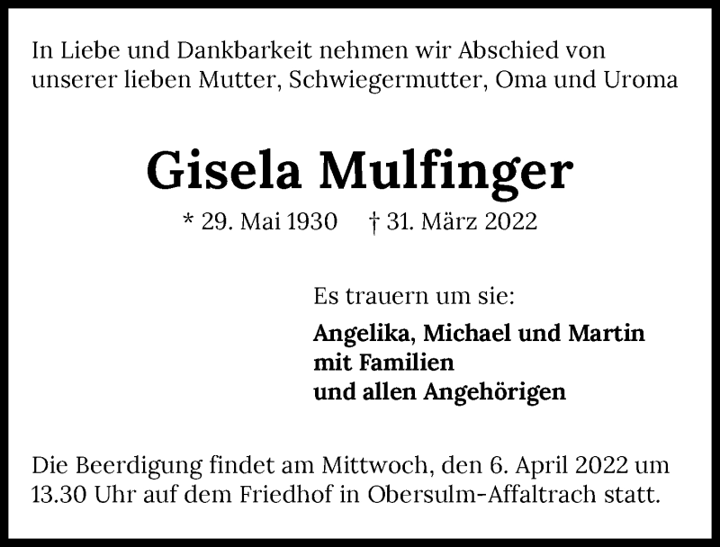 Traueranzeige für Gisela Mulfinger vom 02.04.2022 aus GESAMT