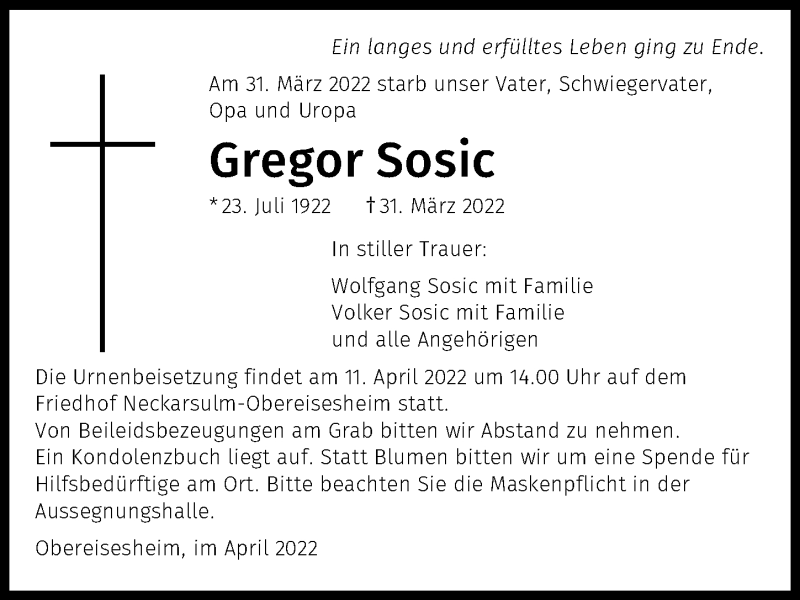  Traueranzeige für Gregor Sosic vom 07.04.2022 aus GESAMT