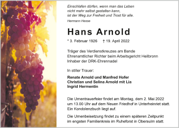 Traueranzeige von Hans Arnold von GESAMT