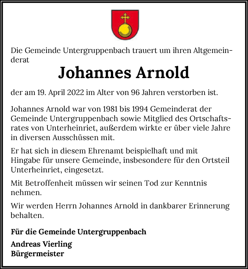  Traueranzeige für Hans Arnold vom 23.04.2022 aus GESAMT