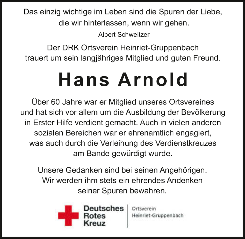  Traueranzeige für Hans Arnold vom 23.04.2022 aus GESAMT